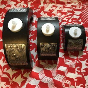 Vintage 90s Elephant Stamped Metal Wooden Space Saver Candle Holders